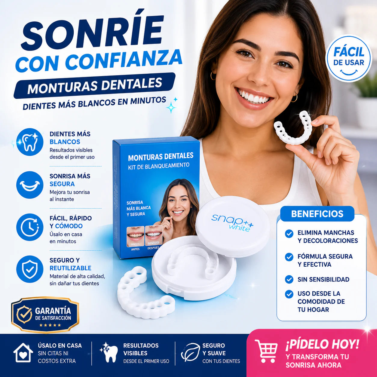 Montura Dental Blanqueadora SnapWhite™ | Sonrisa Más Blanca en Minutos desde Casa