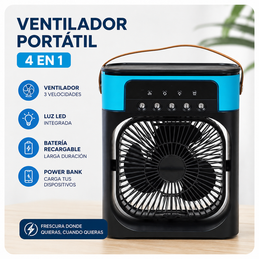 Ventilador Portátil Recargable 4 en 1 con Luz LED y Power Bank | Frescura en Cualquier Lugar